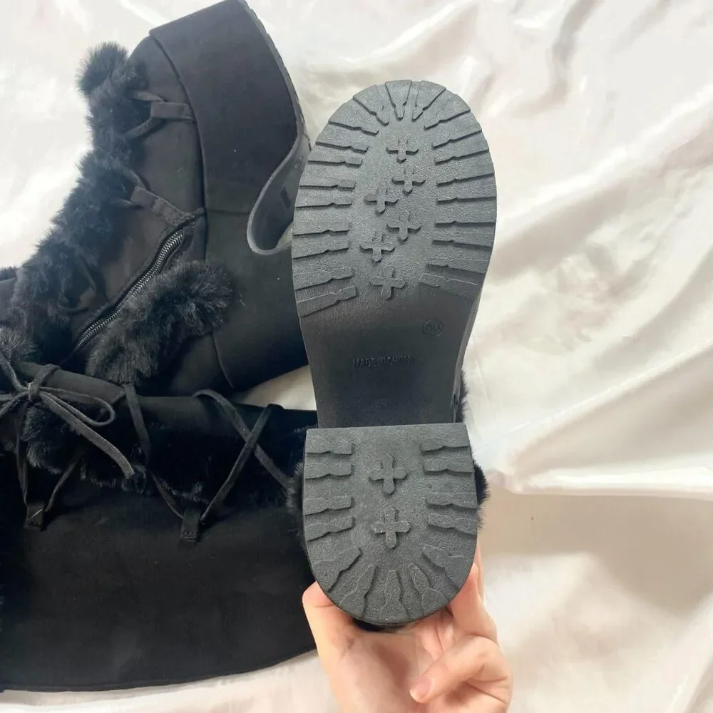 Stacked Platform Black Faux Suede Faux Fur Chunky Lace Up Destroyer Boots US 9